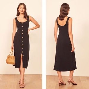 REFORMATION Black Button-Front Jersey Stretch Tencel Midi Dress